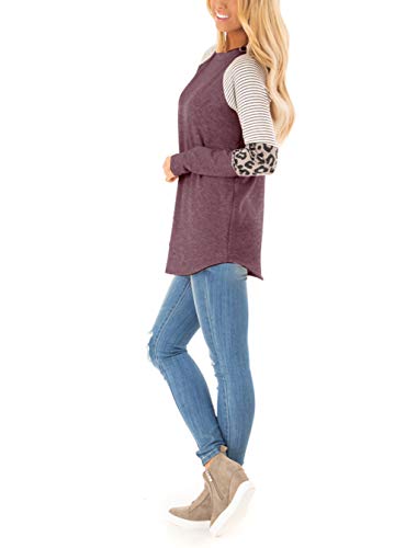 Floral Find Women's Long Sleeve Leopard Color Block Tunic Comfy Stripe Round Neck T Shirt Tops Wine Red