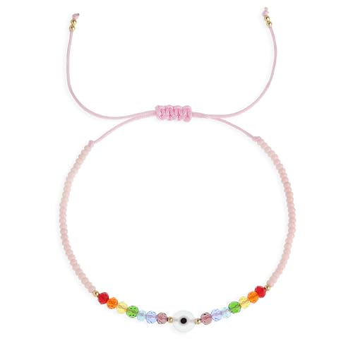 Frigotine Colorful Evil Eye Beaded Braided Bracelet for Woman, Trendy Handmade Rainbow Crystal Gold Beads Adjustable Pink String Rope Lucky Bracelets Friendship Holiday Fashion Jewelry Gift