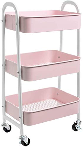 DOEWORKS Opbergwagen met 3 etages, metaal, Utility Cart rolwagen, organizer, wagen met wielen, voor keuken, make-up, badkamer, kantoor, wit en roze