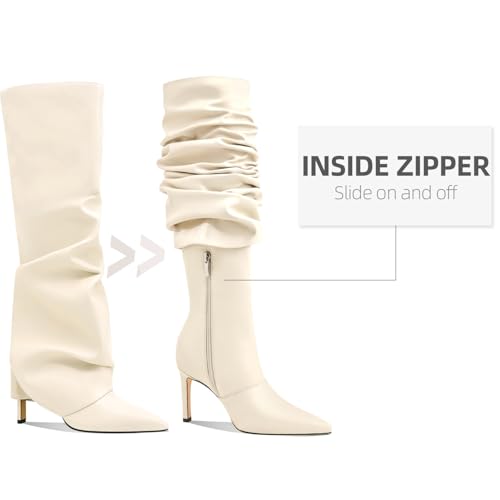Image of Women's Knee High Boots Fold Over High Heel Pointed Toe Black White Long Boots Women Dress Tall Boots for Women