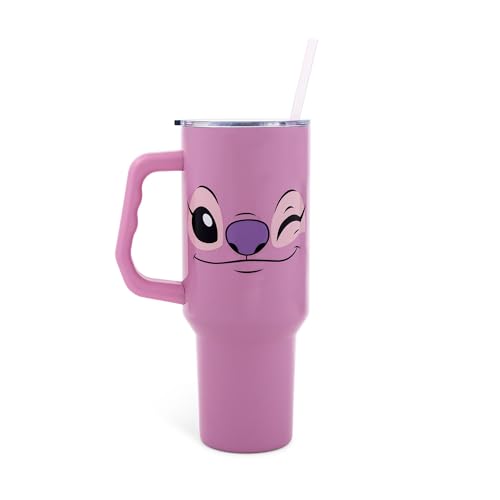 Disney Lilo & Stitch Angel Face Stainless Steel Travel Tumbler With Handle, Leak-Resistant Lid, and Reusable Straw | Holds 40 Ounces