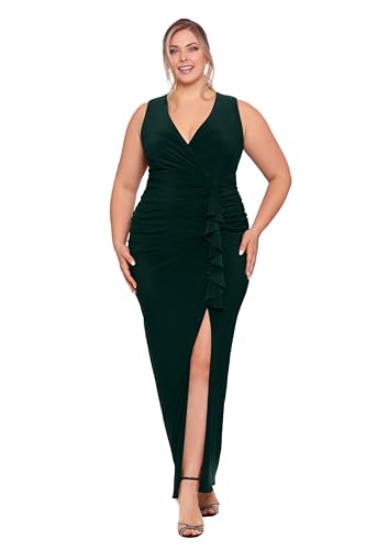 Betsy & Adam Women's Plus Size Sleeveless Long Stretchy V-Neck Ruched Wrap Dress