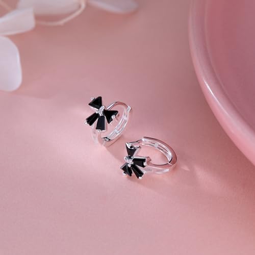 Image of Reffeer Solid 925 Sterling Silver Bow Hoop Earrings Huggie for Women Teen Girls Black CZ Bowknot Hoop Earrings Ribbon Cartilage Huggie