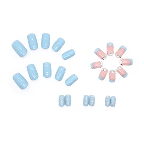Sixdian Blue Press On Nails Medium Length Square Glossy Fake Nails Tips With Bling Diamond Design Stick On Nails, Full Cover Acrylic Nails Summer Light Blue False Nails For Womenfor Girls (Style D3) #TOP1