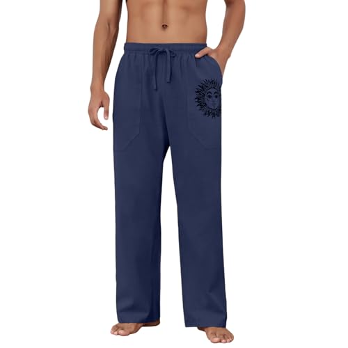 Image of Puimentiua Cotton Linen Pants Men, Summer Beach Pants Loose Fit with Elastic Waist Drawstring