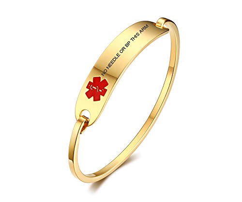 VNOX NO NEEDLE OR BP THIS ARM Medical Alert Safety ID Stainless Steel Cufff Bangle Bracelet,8.0 Inches