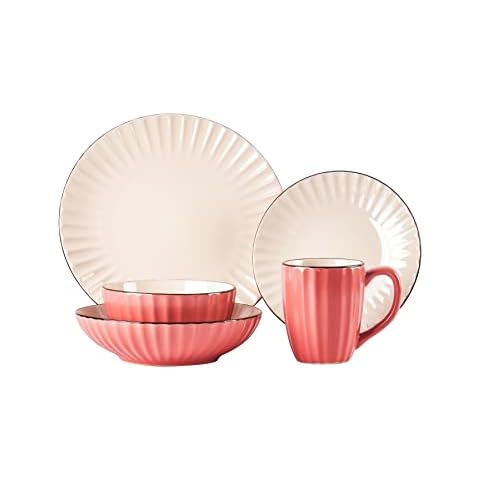 HomeVss, Osita Strip Stoneware 20pc Dinnerware Set, Pink Cover