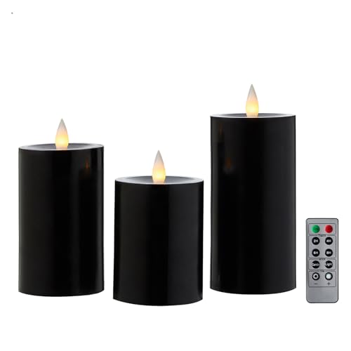 Image of Flameless Pillar Candles Flickering with Remote Timer, Battery Operated LED Candles Up to 400 Hours, 3D Moving Flame Real Wax Candles. (Black)
