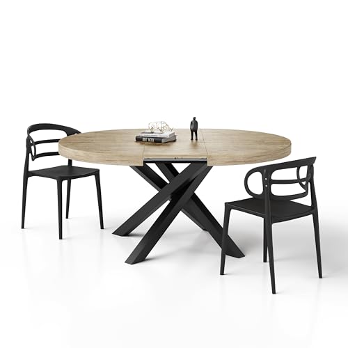 MOBILI FIVER, Table Ronde Extensible Emma, 120-160 cm, Chêne Naturel, avec Pieds Noirs croisés, pour 4-6 Personnes, Table Extensible pour Cuisine, Salon,...