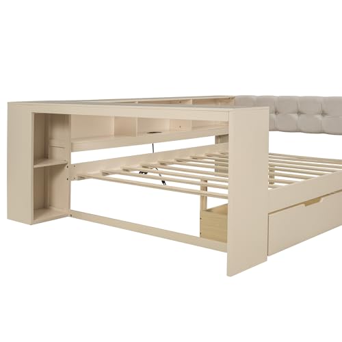 Bellemave Full Size Corner Bed Frame with Storage Shelves and Desk, Wood Full Daybed with Bookcase and Drawers and Upholstered Headboard, Cream by Bellemave - Used condition - Image 9