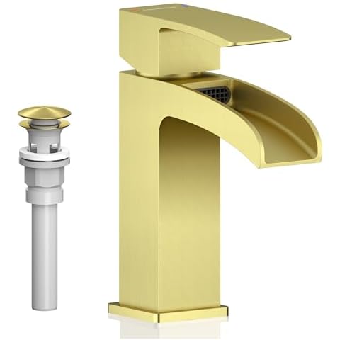 Lavatrum Brushed Gold Bathroom Faucet Waterfall Vanity Faucet for Brass 1 Hole Sink Single Handle Modern Mixer Tap with Pop-up Drain Stopper for Lavatory Farmhouse Rv Cover