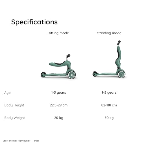 Scoot & Ride 2-in-1 Kids Scooter with Adjustable Seat & Handlebar, Stable & Safe Kickboard for Toddlers, Compact & Lightweight, 3-Wheel Design, Ages 1 to 5 Years, Highwaykick 1 (Forest)