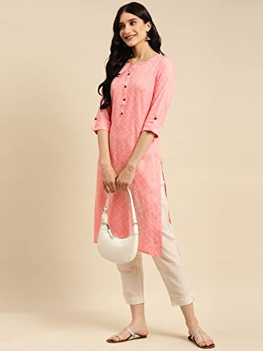 Image of rangita Pink Rayon Calf Length Printed Straight Kurti for Women | Kurta for Women