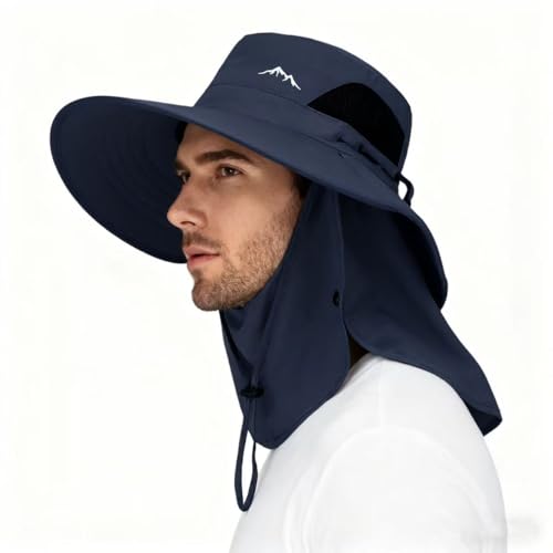 Image of Men's Quick Dry Packable Bucket Hat with Neck Flap Uv Protection UPF 50+ Sun Hat Wide Brim Boonie Hat with Chin Strap