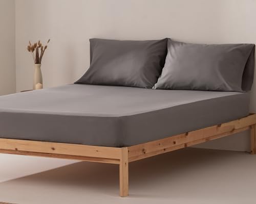 Sabana Bajera Cama 150 x 200 x 30 cm 100% Algodón Transpirable Ajustable Color Gris Oscuro