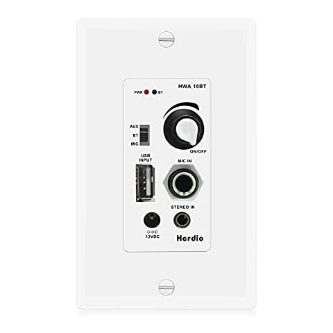 Herdio in Wall Audio Control Amplifier Receiver 2 Channel Wall Plate with USB Microphone Aux (3.5mm) Input 100Watt Max Module for Sound Systems Home Theater Integration Compatible with Bluetooth Cover