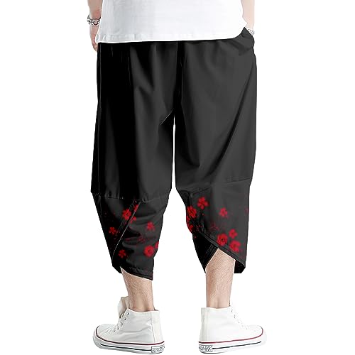 Image of DOSLAVIDA Men's Japanese Kimono Cardigan Suit Chinese Style Printed Jacket Pants Set Open Front Seven Sleeve Top & Shorts