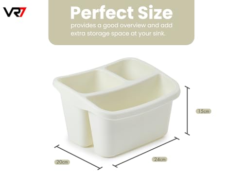 VR7 - Set of 3, Rectangular Washing Up Bowl, Tidy Cutlery Drainer for Sink Holder Caddy, Dish Drainer Rack - Plastic, Organized Sink Area with Cream Kitchen Accessories, Stylish and Functional - Image 2
