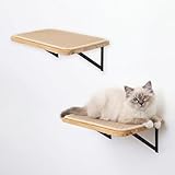 2PC Katzen Kletterwand, Katzenwandmöbel mit Kratzmatte, Wandmontiertes Massivholz Schlafplattform für Klettern/Spielen/Schlafen