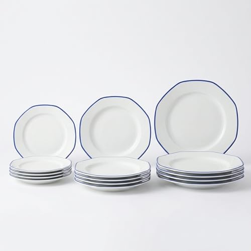 SANTA CLARA | Vajilla Completa 12 Piezas Porcelana Extra Blanca para 4 Personas, Apta Microondas y Lavavajillas, Vajilla Alma Azul Decorada Forma Octogonal para Hogar y Cocina