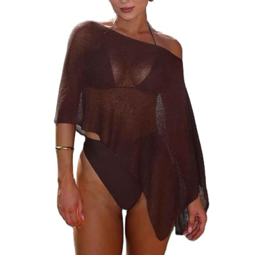 VFURYGD Women Sheer Poncho Top Lightweight Knit Crochet Shrug Bolero One Shoulder Mesh Sweater Cover Up Beachwear (Brown S)