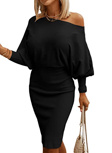 Dokotoo Women's Elegant Off Shoulder Long Lantern Sleeve Sweater Dress Elastic Waist Bodycon Mini Dresses