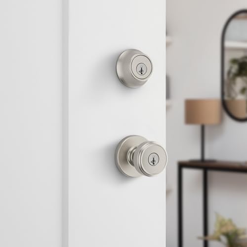 Image of Kwikset Maven Front Door Lock Handle and Deadbolt Set, Entry Handleset Round Exterior with Interior Door Knob, Secure Locking Deadbolt, Satin Nickel, with Microban Protection