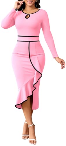 Image of Women's Elegant Church Vintage Bodycon Dress Casual Long Sleeve Work Business Pencil Split Sheath Midi Dresses