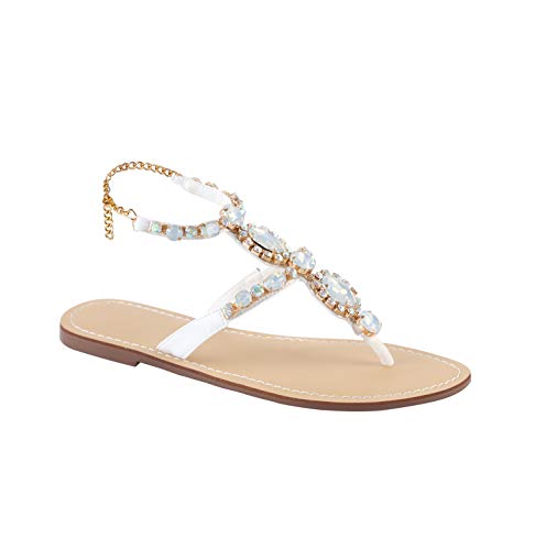 Image of ZhuLinFeng Women'S Rhinestone Gladiator Sandals Flat Wedding Sandals Gem Pearl Sparkling Bridal Bridesmaid Sandals Blue Bohemian Sandals