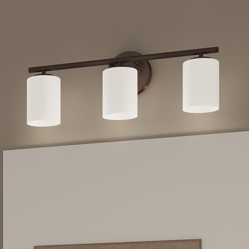 Image of Progress Lighting Replay Collection 3 Light Bathroom Vanity Light, Modern Bath Lighting Fixture with Etched White Glass Shades for Over the Mirror, Reversible Mounting, Antique Bronze