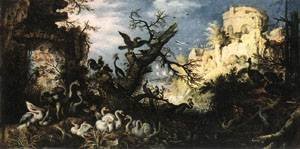 Peinture à l'huile Landscape with Birds Roelandt Savery déco salon baroque