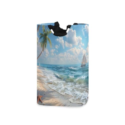 Jihqo Laundry Hamper Basket Beautiful Beach Scene Collapsible Nursery Storage Bin Waterproof Clothing Baskets for Home Bedroom Bathroom Washing Room