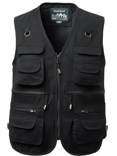 Oralidera Hommes Coton Extérieure Gilet de pêche Multi-Poches Photographie Chasse sans Manche Veste de Sport Gilet Journaliste, Noir, XL