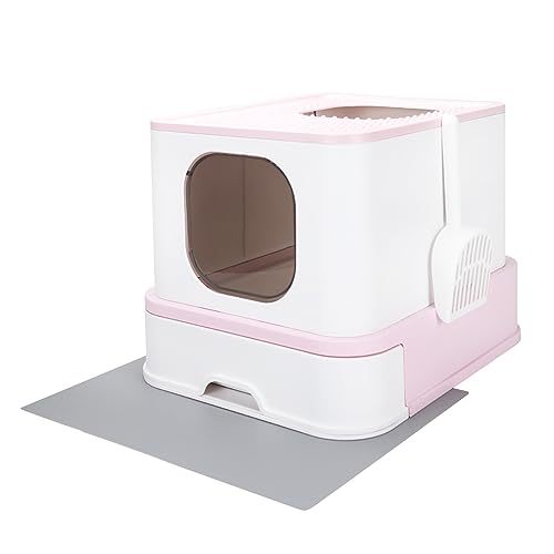 RIZZARI Large Foldable Top Entry Cat Litter Box with Lid,Anti-Splshing Kitty Litter Pan Easy Cleaning and Scoop (Upgrade,Pink)
