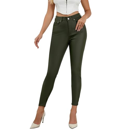 LBDLONGBIDA High Waist PU Leather Pants Stretch Skinny Disco Metallic Legging Pants Lightweight Tights Neon Pants(Army Green,L)