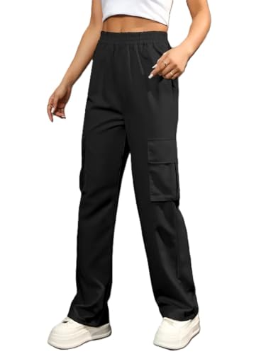 Image of THIRD QUADRANT Women's Wide Leg High Waisted Baggy Lounge Track Pants with Cargo Pockets Drawstring || Athletic Flared Trackpants with Utility Pockets