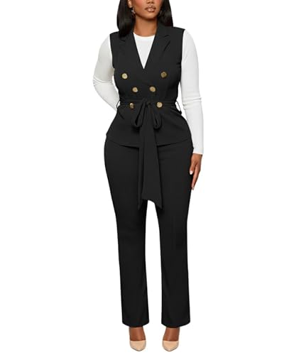Womens 2 Piece Blazer Pants Set 2025 Trendy V Neck Sleeveless Belted Vest Straight Long Pants Business Suit Sets Black