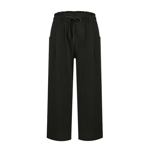 Pantalones Lino Mujer Cómodos 3/4 Pantalon Verano Anchos Ligero Algodón Lino Pantalón Alta Cintura Elasticos Casual Pantalon con Bolsillos Pantalones Fluido Frescos