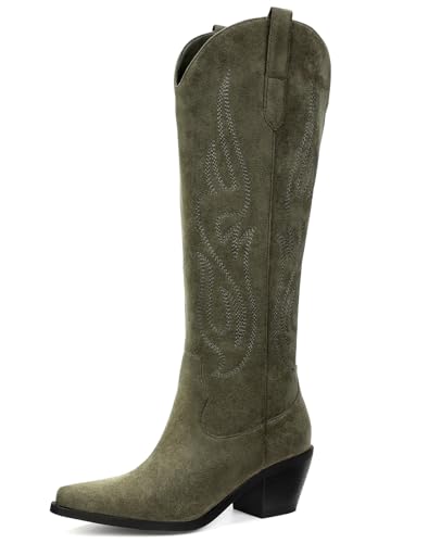 Image of Pasuot Western Cowboy Boots for Women - Knee High Wide Calf Cowgirl Boots, Slip On Pointed Toe Chunky Heel Fashion Retro Classic Pull On Tall Boot for ladies Party concert