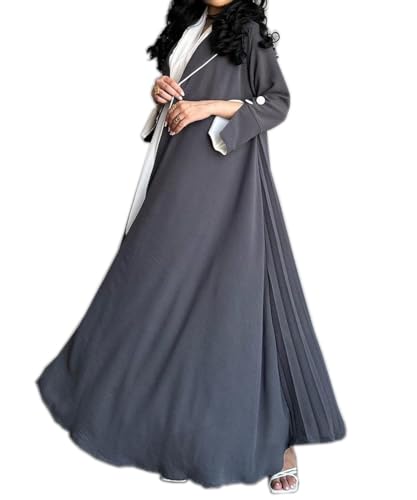 Image of Women's Contrast Trim Open Front Abaya Shawl Collar Split Sleeve Button Decor Cardigan
