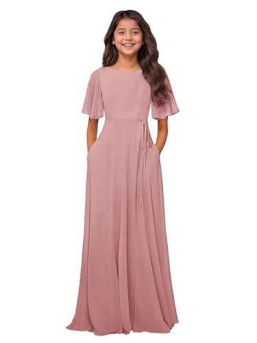 Junior Bridesmaid Dresses for Girl Chiffon Short Sleeve Bateau Neck Formal Party Gown A-Line Flower Girl Dress