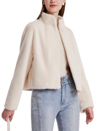 White Faux Fur Winter Coat for Women Short Stand Collar Eco-Friendly Fur Jacket Open Front