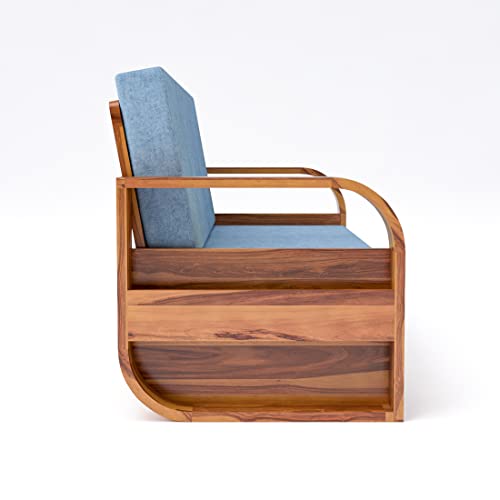 Image of Douceur Furnitures Solid Sheesham Wood 5 Seater Sofa | Five Seater Sofa Set with Coffee Table for Living Room, Cafe, Office | (Honey Teak Cushion Sky Blue)