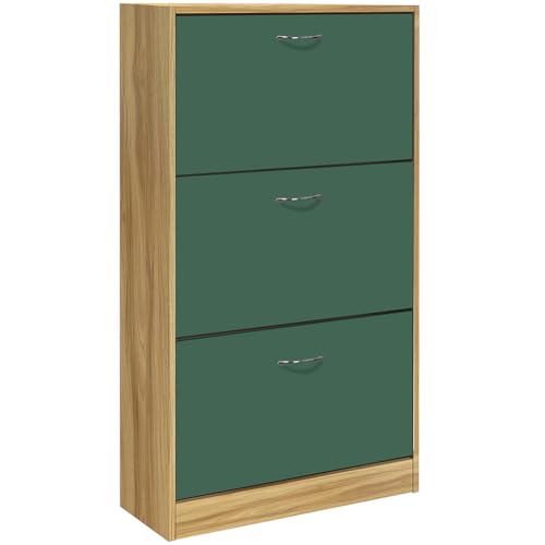 BAKAJI Zapatero Compacto de Madera melamínica con 3 Puertas abatibles y Doble Profundidad. Dimensiones: 60 x 24 x 120 cm (Verde y Roble)