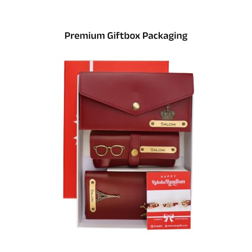Image of AICA Personalized Name Leather Womens Wallet Rakhi Combo (Wine) | Rakhi for Sister | Rakhi Gift Hamper for Sister | Rakshabandhan Gift for Sister