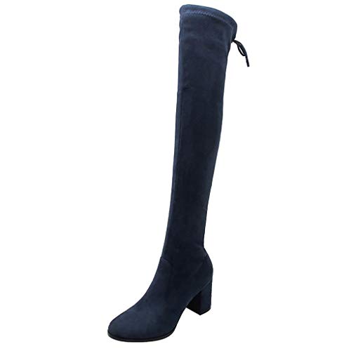 QUICKLYLy Botas Altas De Mujer Rodilla Invierno 2019,Bota Altas Planas Tacon Cuña Piel Vestir,Botines Altas Desnudas hasta Rodilla Cordones Espalda Tacón Cuadrado Largos Tubo(Azul Oscuro,36CN)