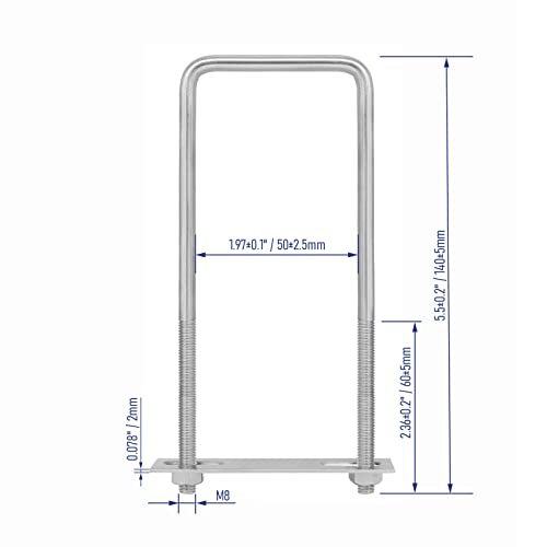 Image of 4 Sets 304 Stainless Steel Square U-Bolts 1.97 inch(50mm) Inner Width, 5.51 inch(140mm) Length Stainless M8 with Nuts, Frame Plate, Accessories for Automobiles Trailer, Boat Trailer Industrial Parts