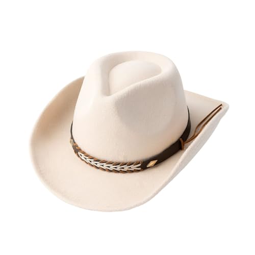 Henrrida Chapeau de cowboy Fedora en feutre à large bord pour homme (beige, blanc, M)