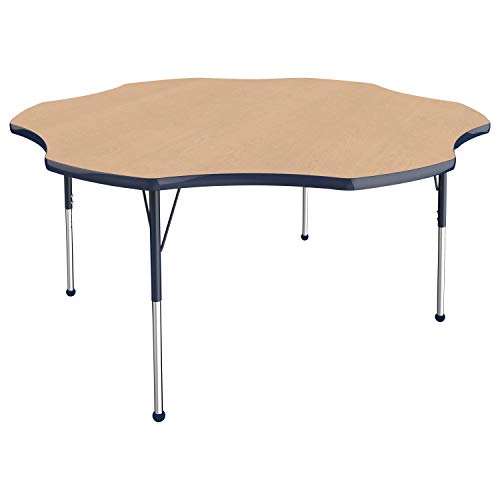Image of FDP Flower Activity School and Office Table (60 inch), Standard Legs with Ball Glides for Collaborative Seating Environments, Adjustable Height 19-30 inches - Maple Top and Navy Edge