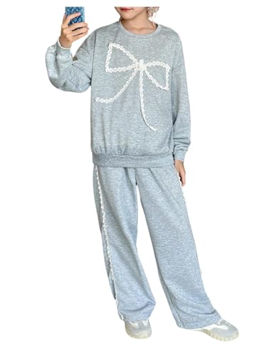 OYOANGLE Girl's Sweatsuits Set Long Sleeve Bow Sweatshirt and Lace Trim Straight Leg Sweatpants Fall Outfits